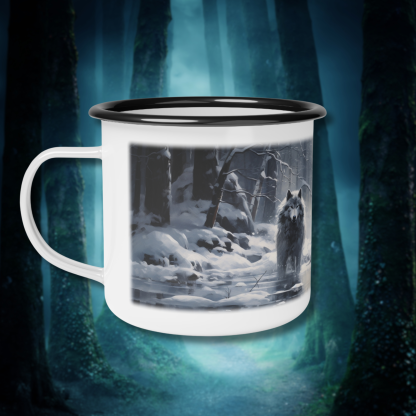 Stunning wolf pack mug, featuring a breathtaking snowy landscape and majestic wolves, this enamel mug is a must-have for nature lovers and wildlife enthusiasts