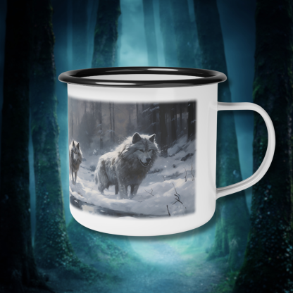 Stunning wolf pack mug, featuring a breathtaking snowy landscape and majestic wolves, this enamel mug is a must-have for nature lovers and wildlife enthusiasts